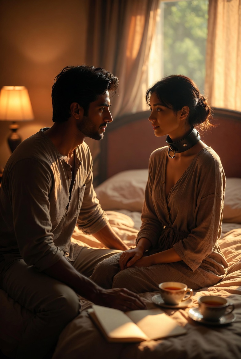 A couple sitting closely on a bed in warm bedroom light, engaged in thoughtful conversation about consent. The woman wears an elegant day collar while they maintain deep eye contact and gentle touch, with a notebook and tea cups nearby, representing responsible negotiation in power exchange.